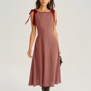 Rihoas Red Gingham Tie Strap A-Line Midi Dress